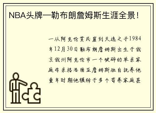 NBA头牌—勒布朗詹姆斯生涯全景！