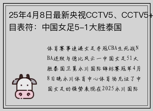 25年4月8日最新央视CCTV5、CCTV5+节目表符：中国女足5-1大胜泰国